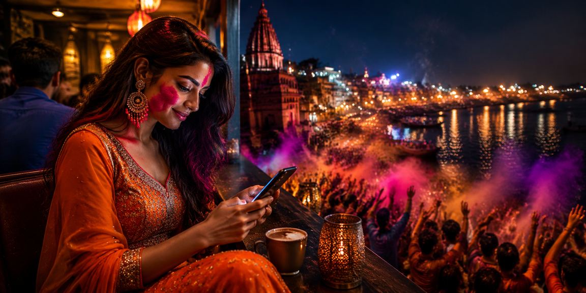 Varanasi ghat with mobile casino holi festival